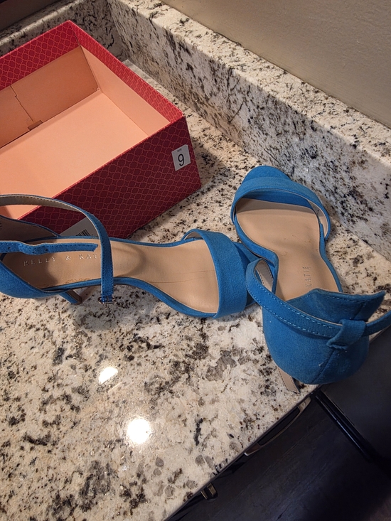 Kelly & Katie Shoes - Kelly & Katie Teal Blue Suede Open-Toe Ankle Strap Heels